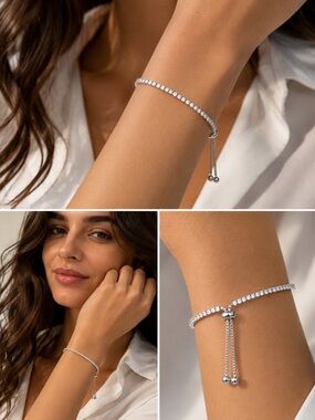 Diamond Tennis Slider Bracelet | Adjustable Silver Crystal Bracelet